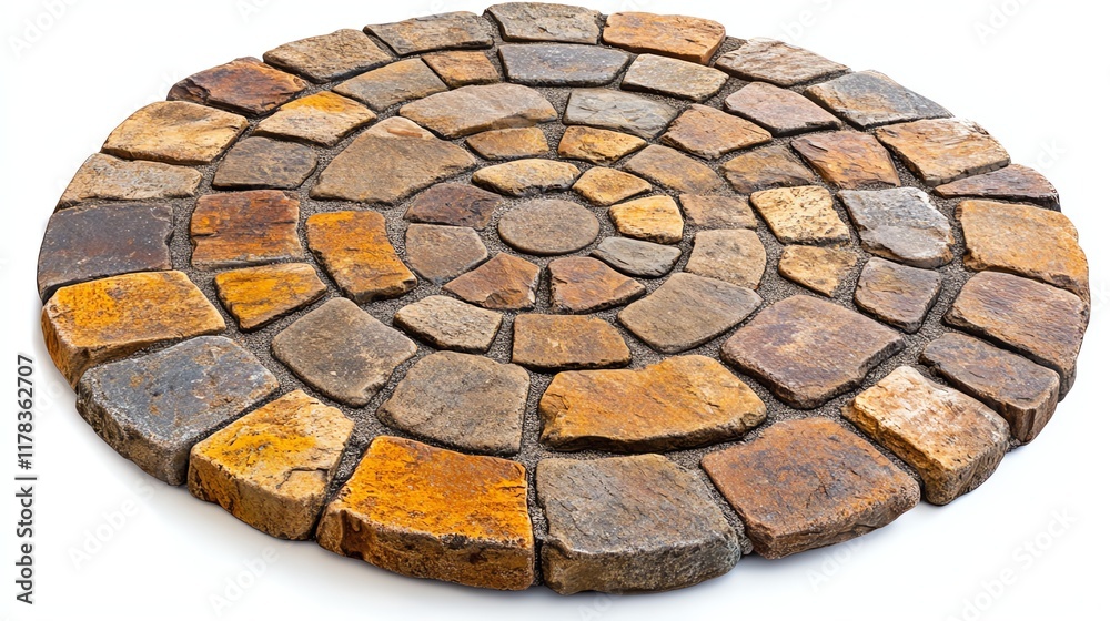 Circular stone pavement with varied colors on white isolated background. Circular stone pavement with varied colors on white isolated background.