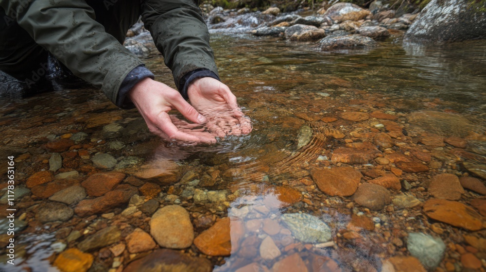 A person is holding their hands in the water, and the water is murky A person is holding their hands in the water, and the water is murky