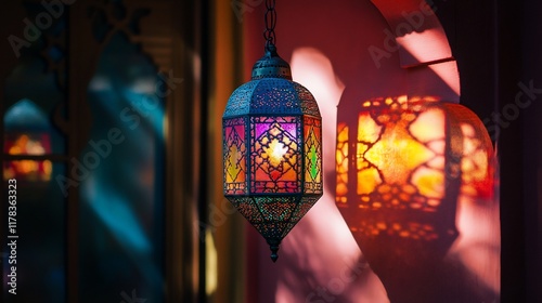 Colorful Moroccan lantern hanging, casting intricate shadows on a pink wall.