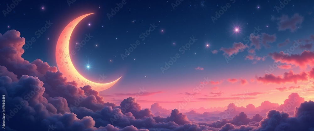 Illuminated crescent moon and starry sky over soft clouds in deep blue and pink hues.Faith. Spirituality. Divine light.spiritual journey, Islamic tradition, Miraj, religious celebration poster, event Illuminated crescent moon and starry sky over soft clouds in deep blue and pink hues.Faith. Spirituality. Divine light.spiritual journey, Islamic tradition, Miraj, religious celebration poster, event