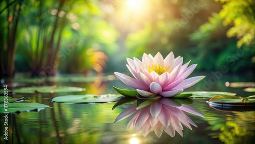 Serene and elegant isolated lotus flower in a tranquil lake or pond surrounded by lush greenery and soft water lilies , lotus flower, water lily