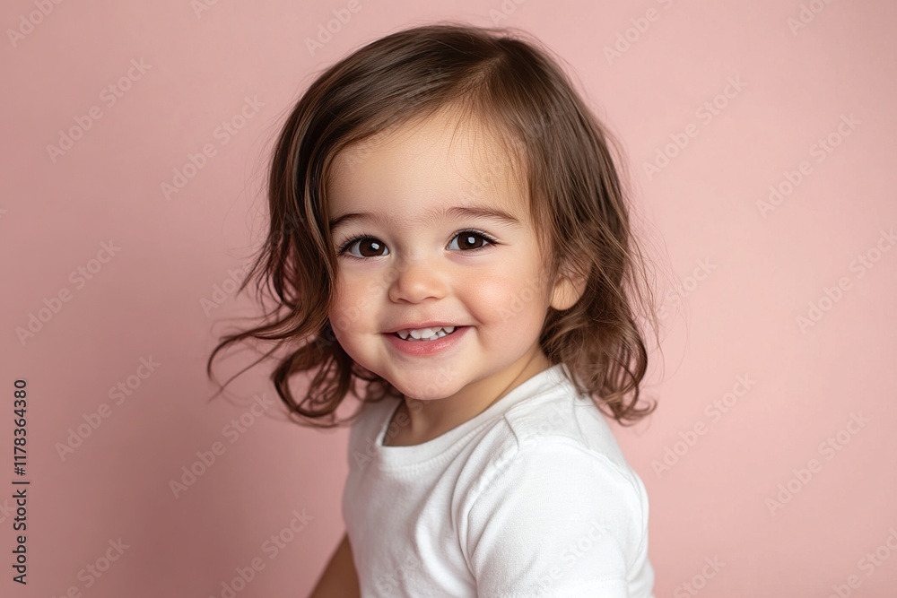 Adorable Toddler Smiles Brightly Against Pink Background, Captivating Childhood Innocence, Joyful Expression, Happy Child Portrait, Sweet Girl Photo, Positive Emotions. Adorable Toddler Smiles Brightly Against Pink Background, Captivating Childhood Innocence, Joyful Expression, Happy Child Portrait, Sweet Girl Photo, Positive Emotions.
