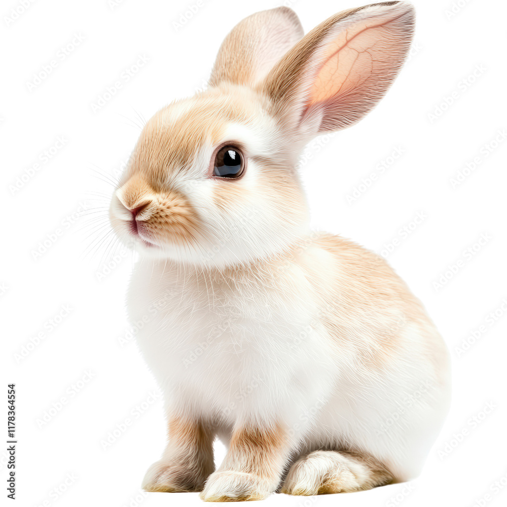 Fototapeta premium Charming Small Rabbit Sitting Gracefully on a Dark Black Background Creating a Cute and Whimsical Animal Portrait Scene isolated on white background