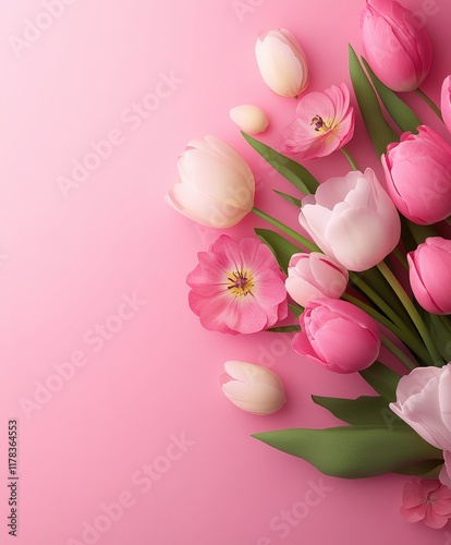 A vibrant array of pink and white flowers blooms beautifully atop a soft pink surface, radiating love and warmth perfect for Valentine's Day.