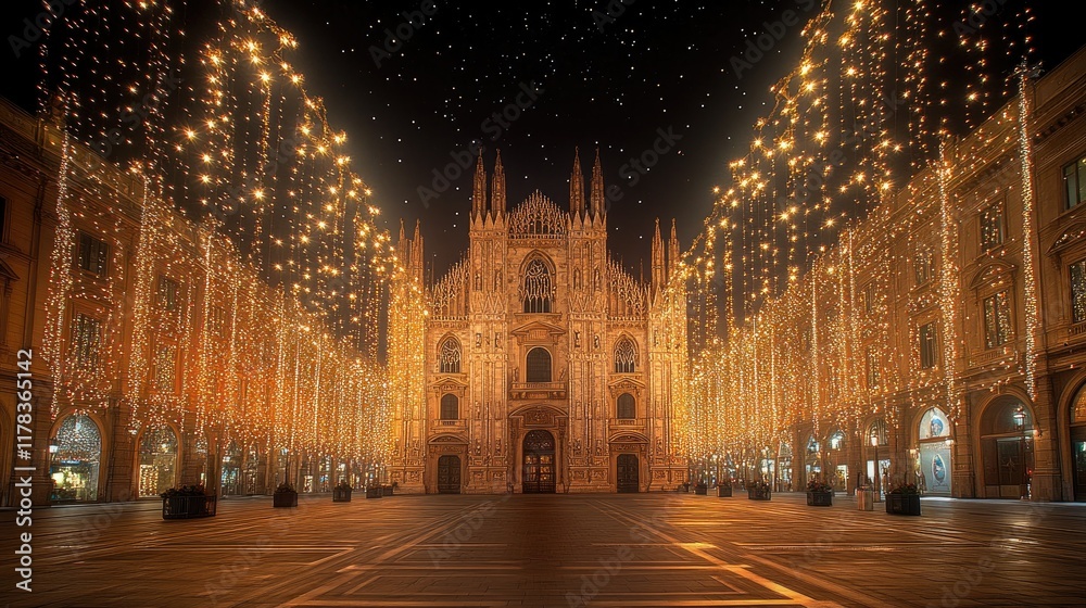 Fototapeta premium Milan Cathedral at night with festive lights, perfect for holiday travel ads