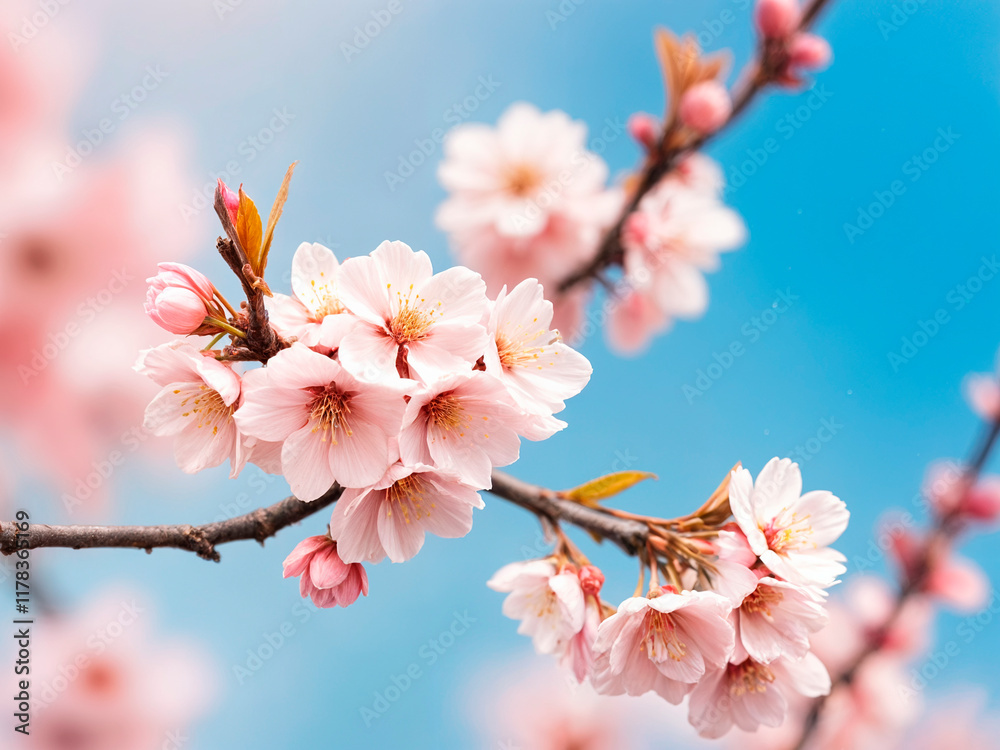 Obraz premium a beautiful scene of pink cherry blossom flowers on a branch against a blue sky. The flowers are in full bloom, with delicate pink petals and yellow centers--generated by ai