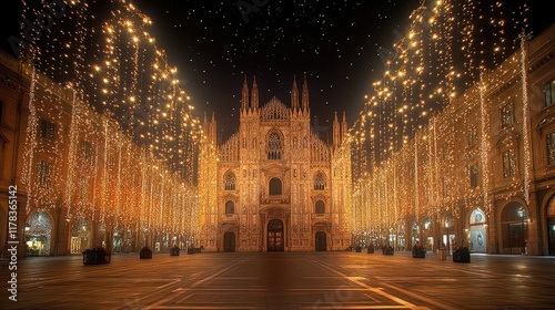 Milan Cathedral at night with festive lights, perfect for holiday travel ads
