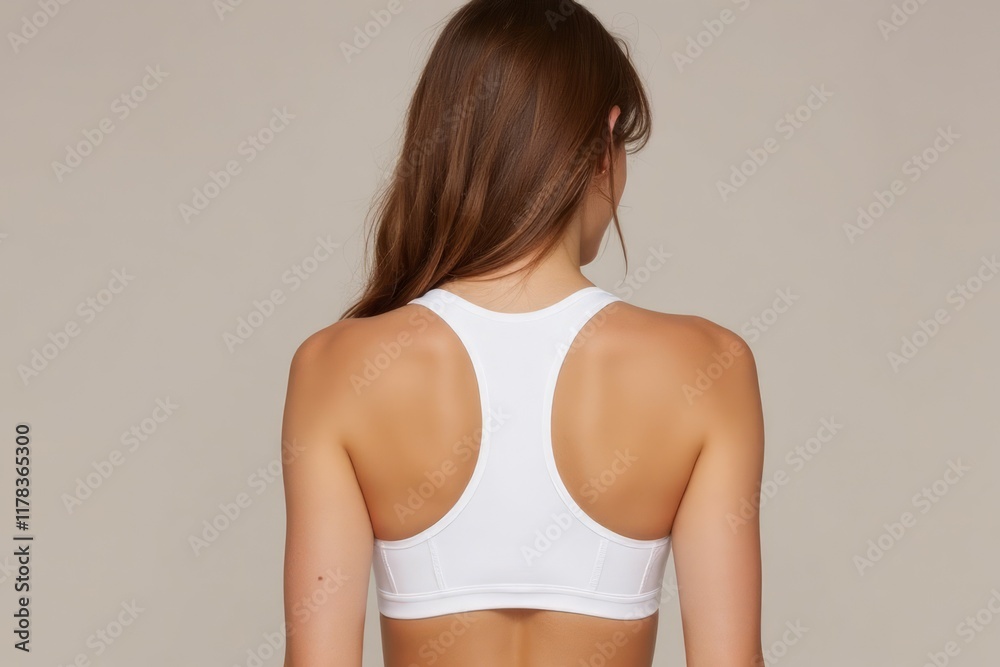 Woman wearing a white sports bra from behind Woman wearing a white sports bra from behind