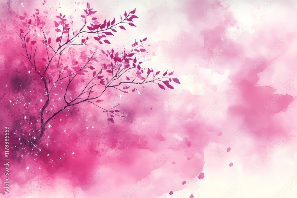 Obraz premium Delicate pink watercolor with elegant branches and sparkles.