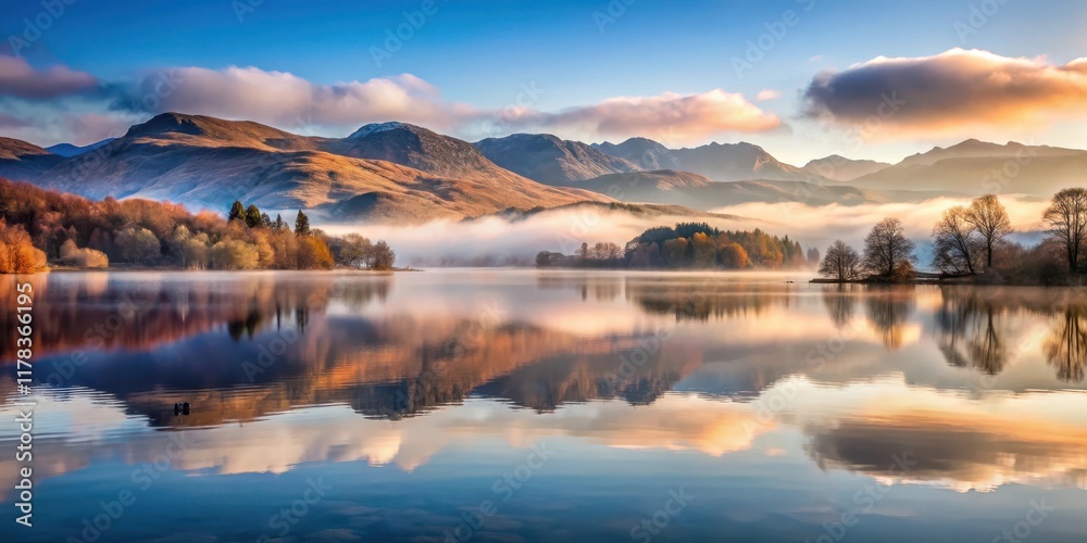 Fototapeta premium Misty dawn over Lake Windermere with mountains reflected , landscape, mountain, landscape,mountain