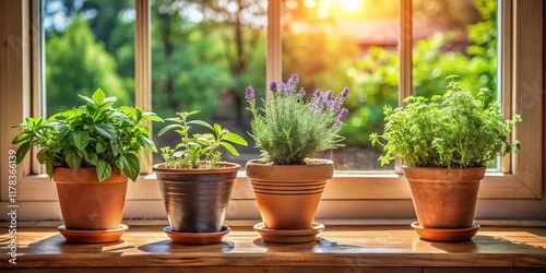 Three terracotta pots filled with fragrant herbs like lavender mint and chamomile sit atop a windowsill in a cozy kitchen allowing sunlight to filter through, terracotta, windowsill photo