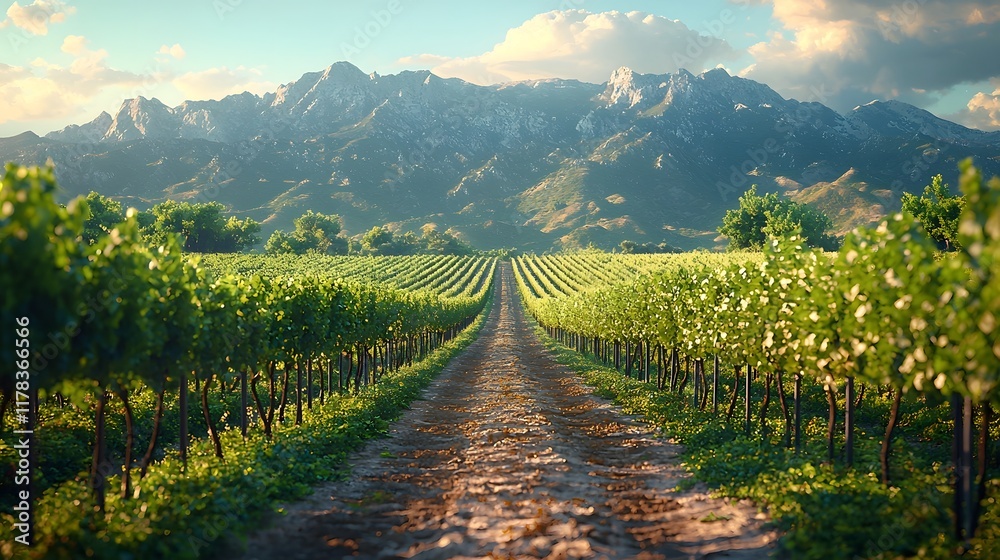 Naklejka premium Winding Dirt Paths Through Idyllic Vineyard with Rugged Mountain Backdrop