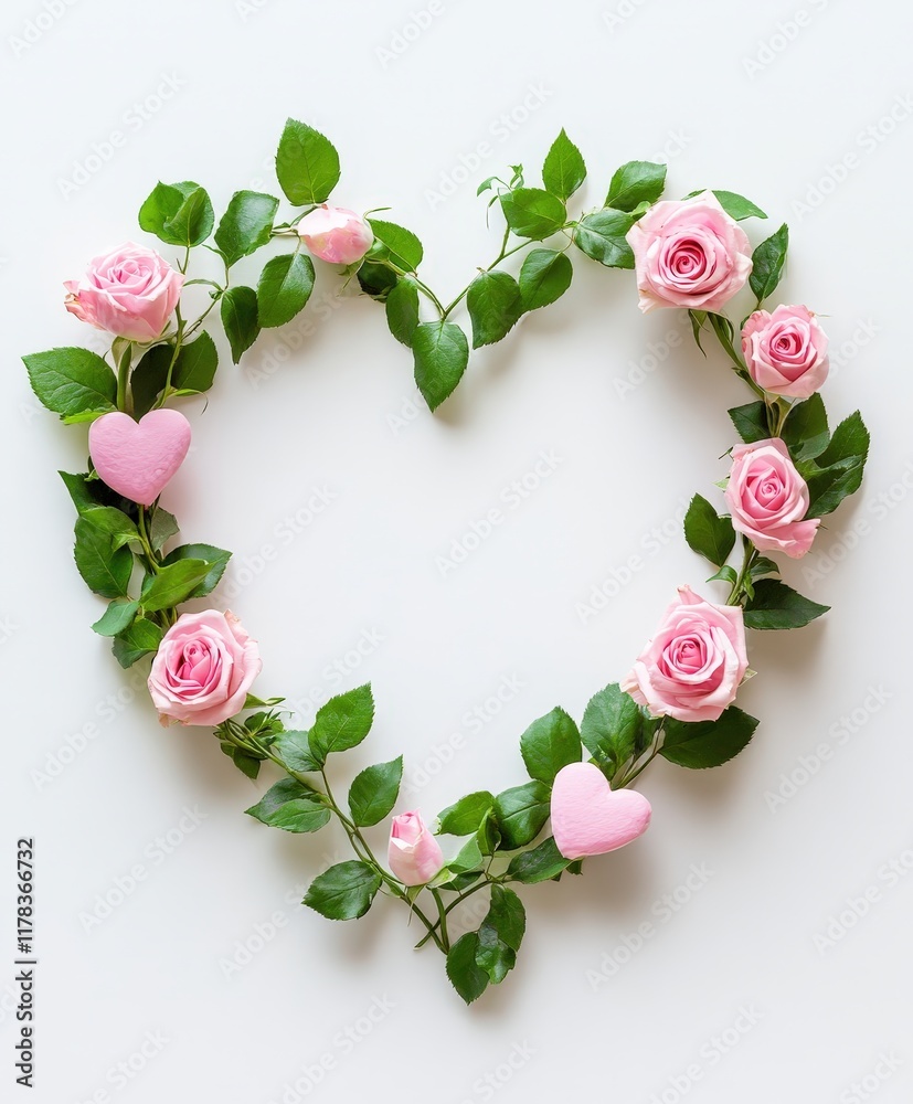 A charming heart-shaped frame adorned with delicate pink roses and lush green leaves, perfect for celebrating love and affection on Valentine's Day. A charming heart-shaped frame adorned with delicate pink roses and lush green leaves, perfect for celebrating love and affection on Valentine's Day.