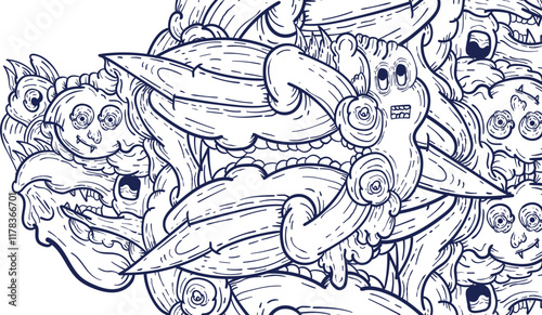 Doodle art pattern design in black and white brush style. It shows odd creatures interacting to give shape to new ones. The seamless design aligns in a mirrored way following two symmetrical axes