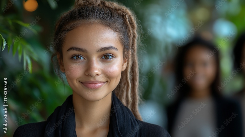 Smiling woman dreadlocks portrait, office background, team Smiling woman dreadlocks portrait, office background, team