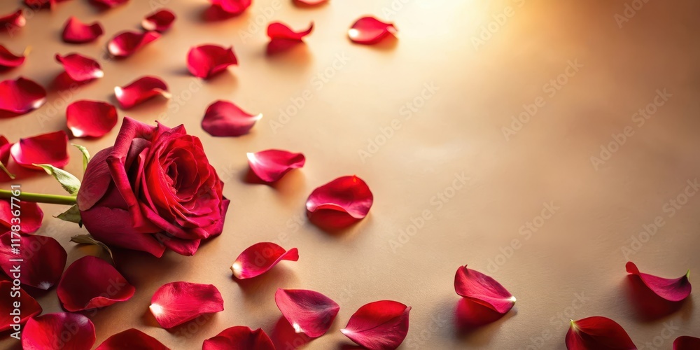 Softly scattered red rose petals on a warm beige background , romance, gentle hues, romance Softly scattered red rose petals on a warm beige background , romance, gentle hues, romance
