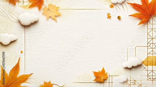 Autumn-themed frame with vibrant leaves and soft clouds. photo