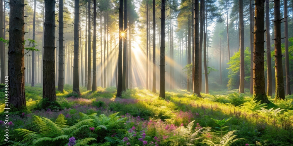 Naklejka premium Sunlit forest with tall trees and misty atmosphere, surrounded by wildflowers and ferns, foliage, mist, foliage, mist, woods