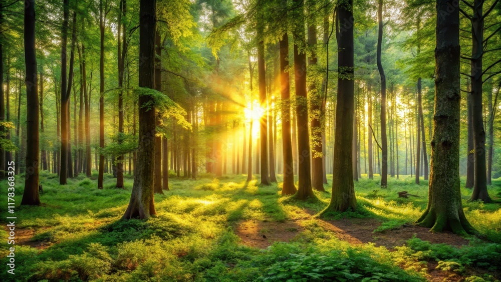 Fototapeta premium A serene forest scene with a vast expanse of lush green foliage and towering trees in the background, set against a warm golden light of sunrise, bokeh, forest floor