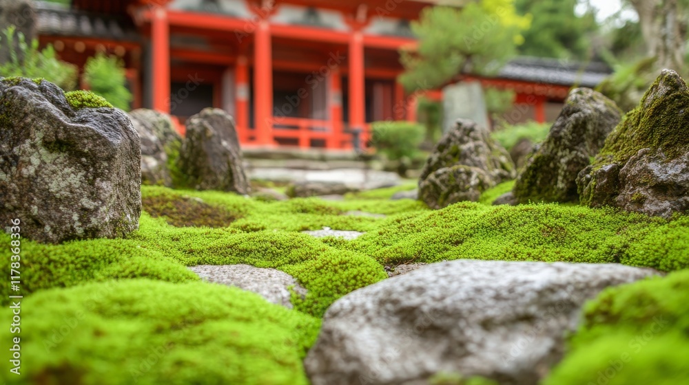 Fototapeta premium Tranquil Pathway of Green Moss and Stones Leading to a Traditional Japanese Structure Surrounded by Nature's Serenity and Rich Cultural Heritage