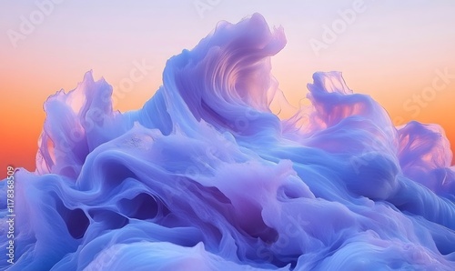 Abstract purple and blue swirling smoke against sunset.