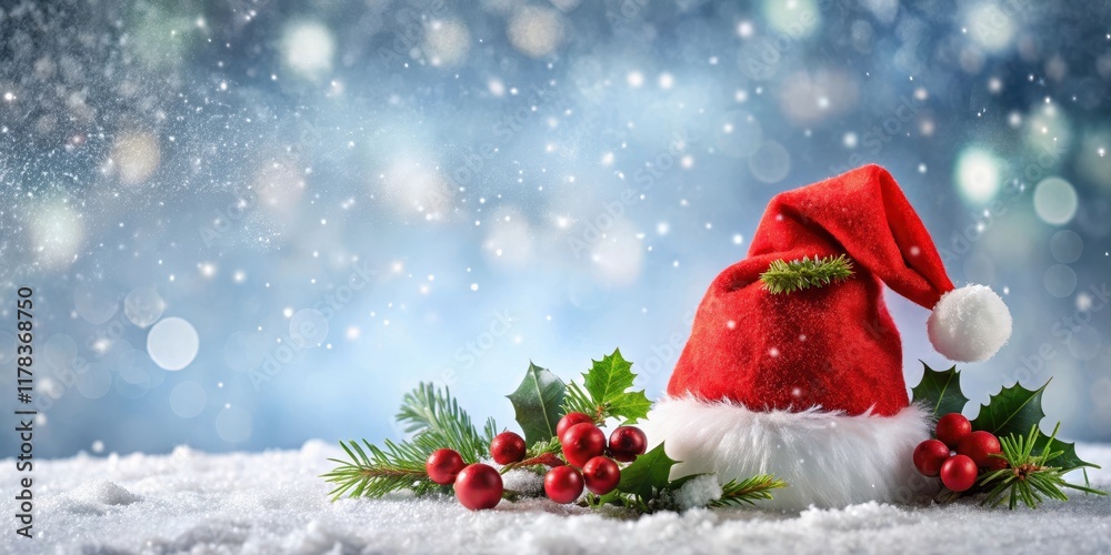 A red Santa hat on a transparent background, adorned with jingle bells and a sprig of holly, against a snowy winter wonderland scene , winter accessories, christmas hat A red Santa hat on a transparent background, adorned with jingle bells and a sprig of holly, against a snowy winter wonderland scene , winter accessories, christmas hat