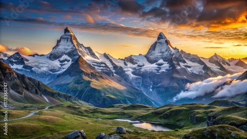 Sweeping Panorama of Matterhorn and Weisshorn Mountain Range at Dawn, Matterhorn, serene atmosphere photo