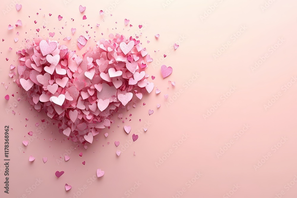 A beautiful arrangement of pink paper hearts forms a large heart against a soft pink background, embodying love and affection for Valentine's Day. A beautiful arrangement of pink paper hearts forms a large heart against a soft pink background, embodying love and affection for Valentine's Day.