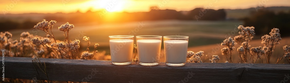 Three Glasses of Milk on a Wooden Fence at Sunrise Overlooking a Serene Countryside Landscape Three Glasses of Milk on a Wooden Fence at Sunrise Overlooking a Serene Countryside Landscape