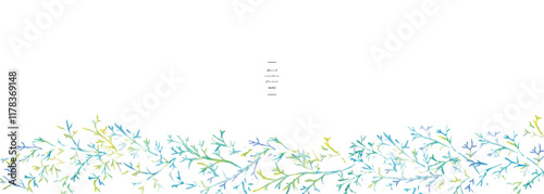 水彩画。水彩タッチのグラデーションカラーの草木イラスト。夏カラーの爽やかな葉っぱと木。Watercolor painting. Watercolor touch gradient color grass and trees illustration. Fresh leaves and trees in summer colors.