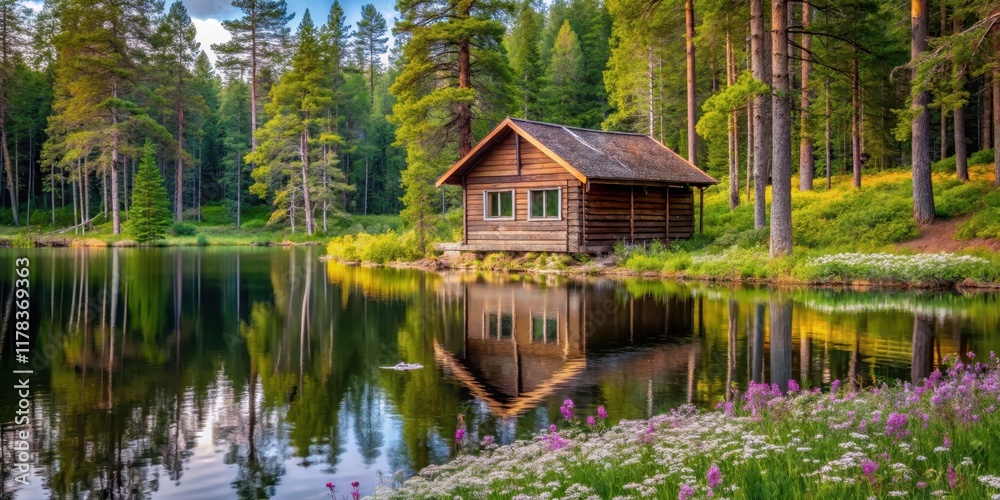 Cozy rustic cabin nestled in a serene Finnish spring forest, overlooking a tranquil lake surrounded by towering evergreen trees and vibrant wildflowers , spring, log cabin Cozy rustic cabin nestled in a serene Finnish spring forest, overlooking a tranquil lake surrounded by towering evergreen trees and vibrant wildflowers , spring, log cabin