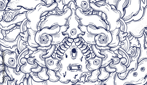 Doodle art pattern design in black and white brush style. It shows odd creatures interacting to give shape to new ones. The seamless design aligns in a mirrored way following two symmetrical axes