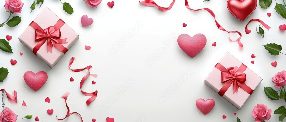 A romantic table adorned with vibrant pink hearts and delicate pink roses, creating a dreamy atmosphere perfect for celebrating love on Valentine's Day. A romantic table adorned with vibrant pink hearts and delicate pink roses, creating a dreamy atmosphere perfect for celebrating love on Valentine's Day.