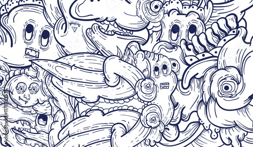 Doodle art pattern design in black and white brush style. It shows odd creatures interacting to give shape to new ones. The seamless design aligns in a mirrored way following two symmetrical axes