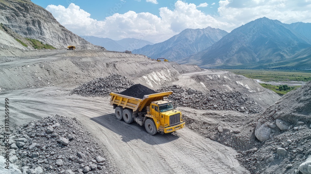 A dump truck transports materials in a mountainous mining site under a cloudy sky. A dump truck transports materials in a mountainous mining site under a cloudy sky.
