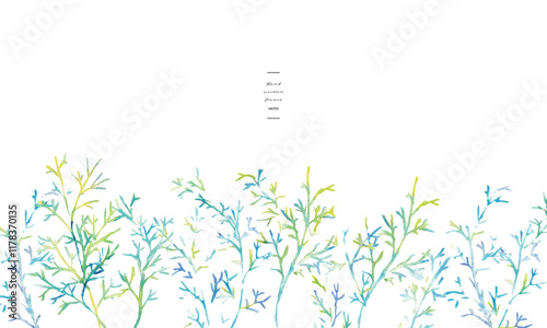 水彩画。水彩タッチのグラデーションカラーの草木イラスト。夏カラーの爽やかな葉っぱと木。Watercolor painting. Watercolor touch gradient color grass and trees illustration. Fresh leaves and trees in summer colors.
