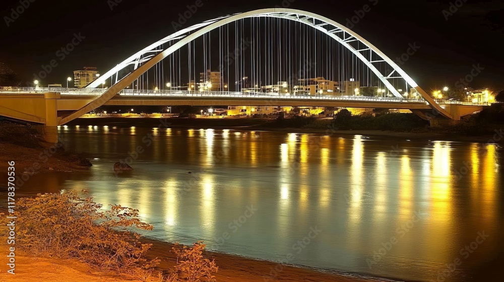 Naklejka premium Stunning Night View of an Elegant Arch Bridge Illuminated by City Lights Reflecting on a Calm River in a Vibrant Urban Landscape