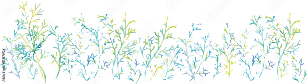 Naklejka premium 水彩画。水彩タッチのグラデーションカラーの草木イラスト。夏カラーの爽やかな葉っぱと木。Watercolor painting. Watercolor touch gradient color grass and trees illustration. Fresh leaves and trees in summer colors.