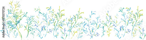 水彩画。水彩タッチのグラデーションカラーの草木イラスト。夏カラーの爽やかな葉っぱと木。Watercolor painting. Watercolor touch gradient color grass and trees illustration. Fresh leaves and trees in summer colors.