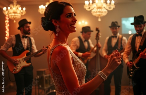 Woman in flapper dress dances at retro party. Jazz band plays lively music in background. Elegant woman enjoys 1920s era party. Music fills room. Group of musicians play instruments with style. photo