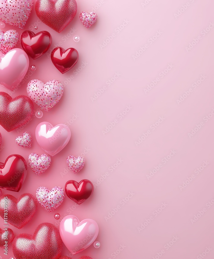 A whimsical Valentine's Day scene adorned with vibrant red and pink hearts, floating balloons, and a playful atmosphere of love and affection. A whimsical Valentine's Day scene adorned with vibrant red and pink hearts, floating balloons, and a playful atmosphere of love and affection.