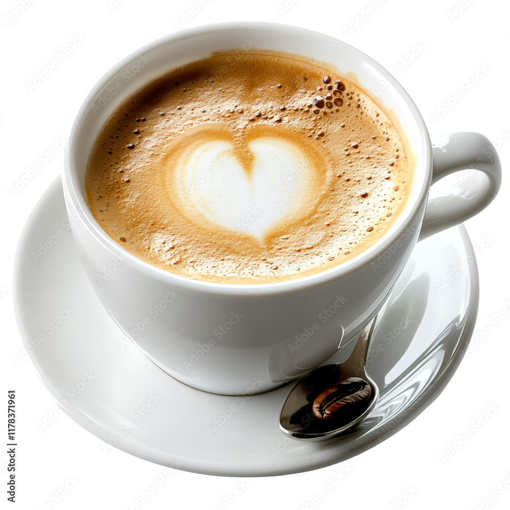 Obraz premium Aromatic Cup of Coffee with Heart Design on Frothy Surface Inviting Warmth and Comfort in a Cozy Cafe Atmosphere isolated on white background