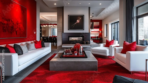 Modern red living room interior design, luxury home photo