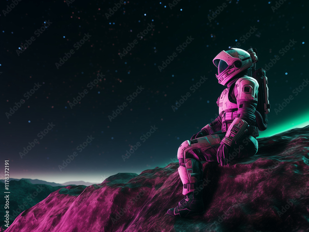 Fototapeta premium Distant Horizons: An Astronaut's Quiet Moment on the Surface of an Alien World, Looking into Space.