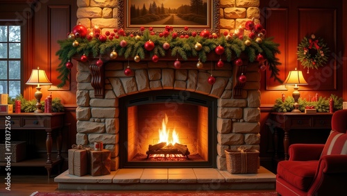 Cozy fire crackles beneath a rustic stone mantle, framed by a charming country landscape painting above photo