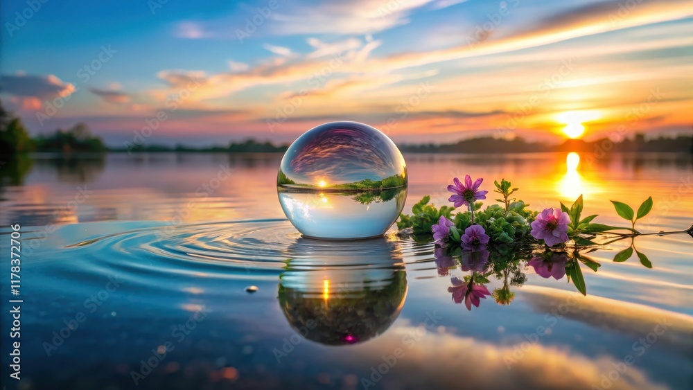 Serene Sunset Reflection in a Crystal Orb on Calm Water with Floating Blossoms Serene Sunset Reflection in a Crystal Orb on Calm Water with Floating Blossoms