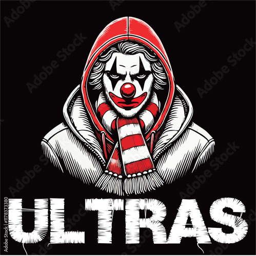 Clown illustration vector graphic of Football fans ultras hooligan with red white scarf design for logo, t-shirt, etc