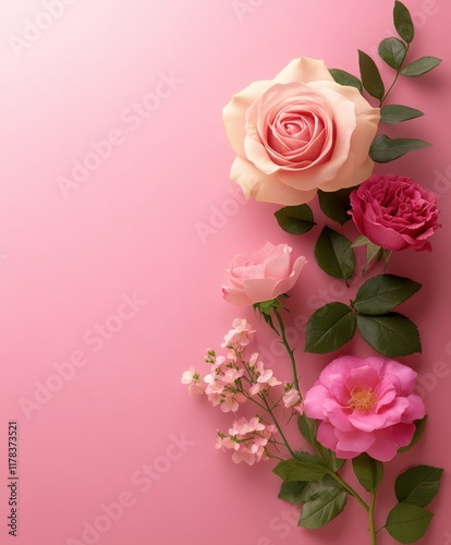 Wallpaper Mural A trio of elegant roses and a delicate pink flower bloom vibrantly against a soft pink backdrop, embodying love's beauty this Valentine's Day. Torontodigital.ca
