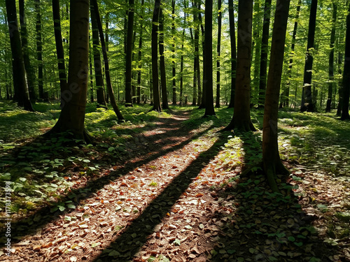 A sunlit forest path with tall trees casting long shadows, surrounded by lush green foliage and a carpet of fallen leaves, creating a serene and inviting natural scene