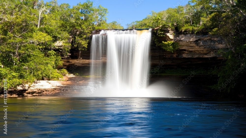 Fototapeta premium Serene waterfall cascading into a tranquil pool surrounded by greenery.